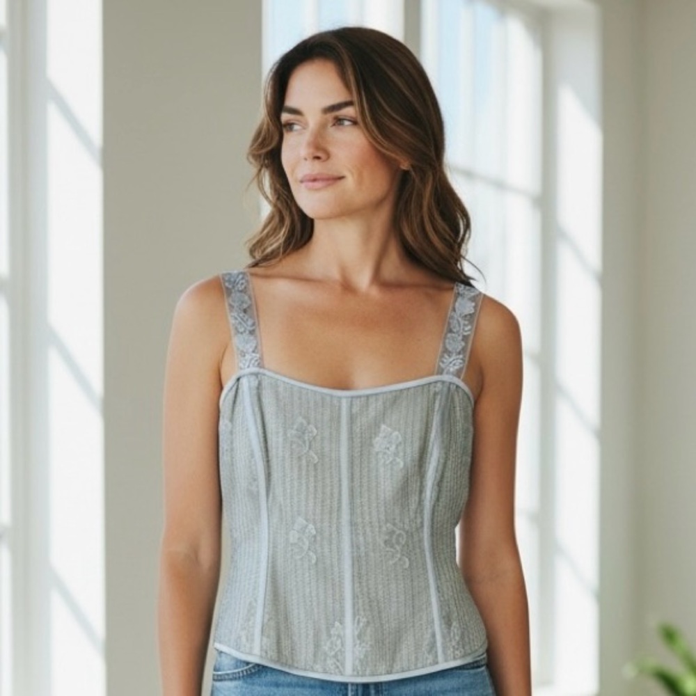 Sunny Choi Designer - Embroidered Light Gray Corset Camisole - Feminine- Size 10